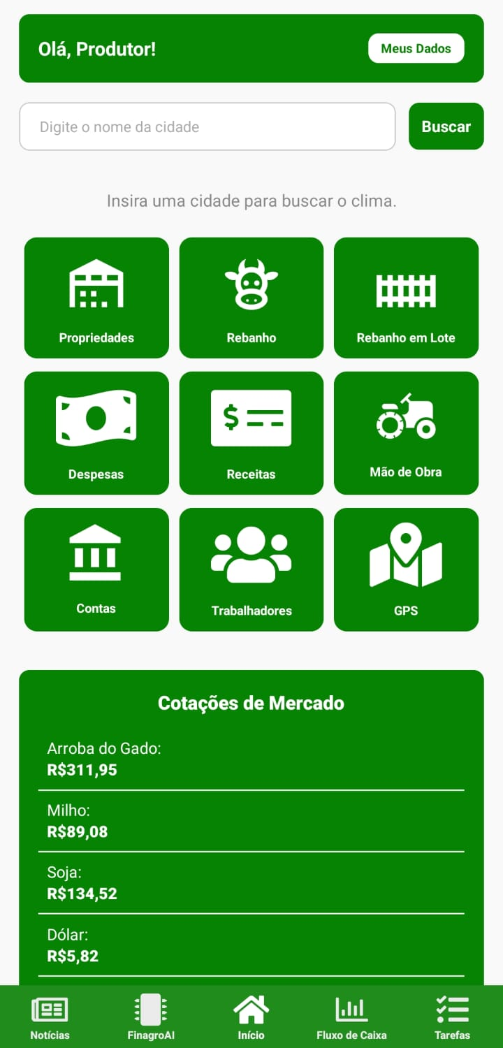 Tela inicial do aplicativo Finagro